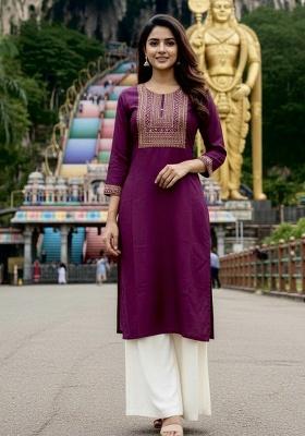 Purple Embroidery Rayon Kurta Set