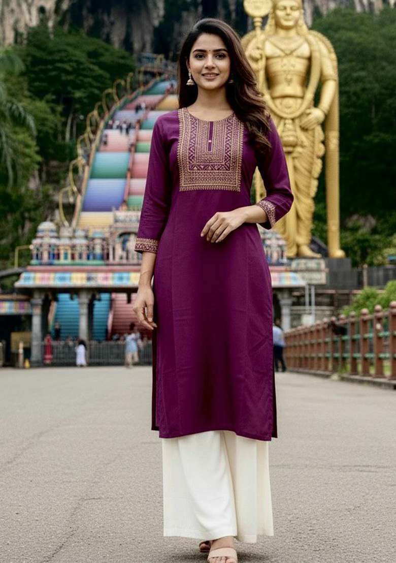 Purple Embroidery Rayon Kurta Set - Indya