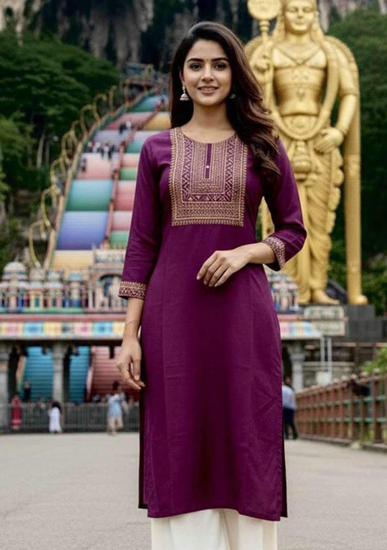 Purple Embroidery Rayon Kurta Set - Indya