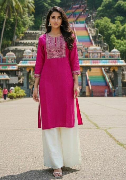 Rani Pink Embroidery Rayon Kurta Set