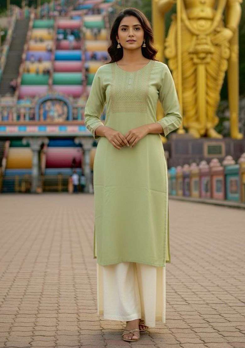 Green Embroidery Rayon Kurta Set - Indya