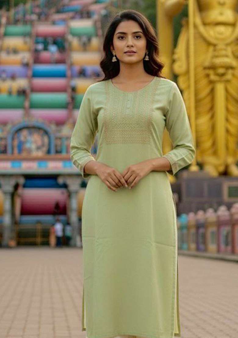 Green Embroidery Rayon Kurta Set - Indya