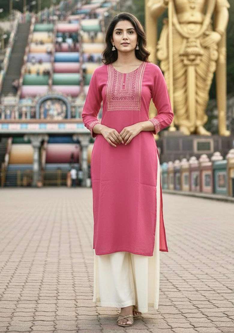 Pink Embroidery Rayon Kurta Set - Indya