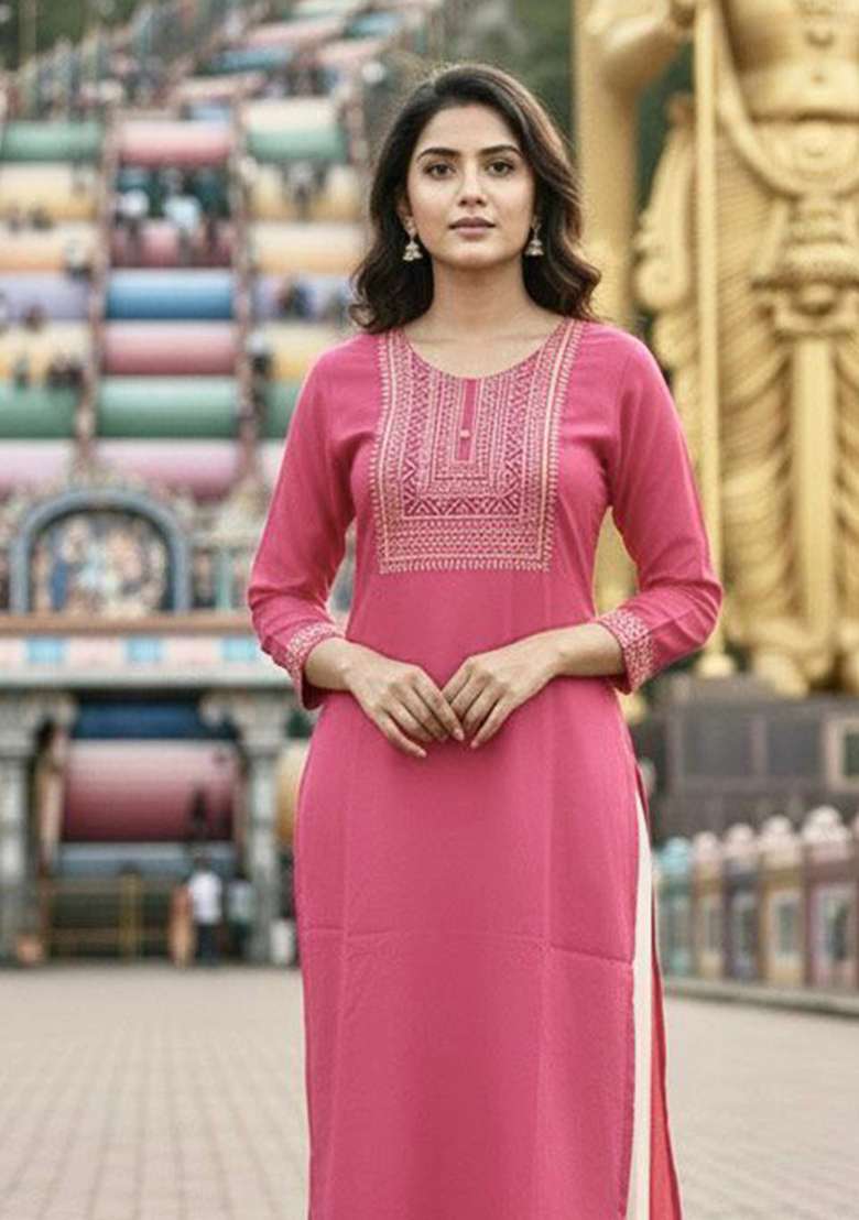 Pink Embroidery Rayon Kurta Set - Indya