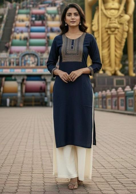 Blue Embroidery Rayon Kurta Set
