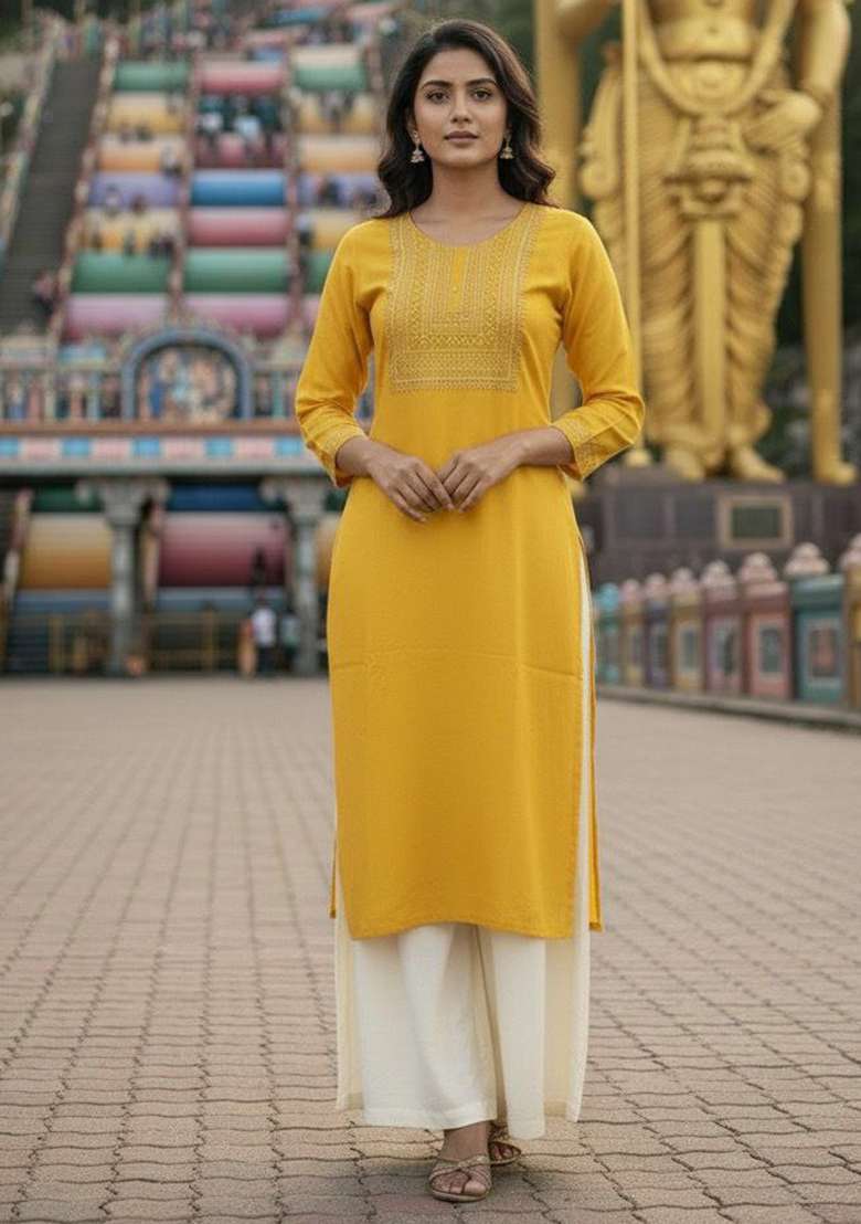 Yellow Embroidery Rayon Kurta Set - Indya