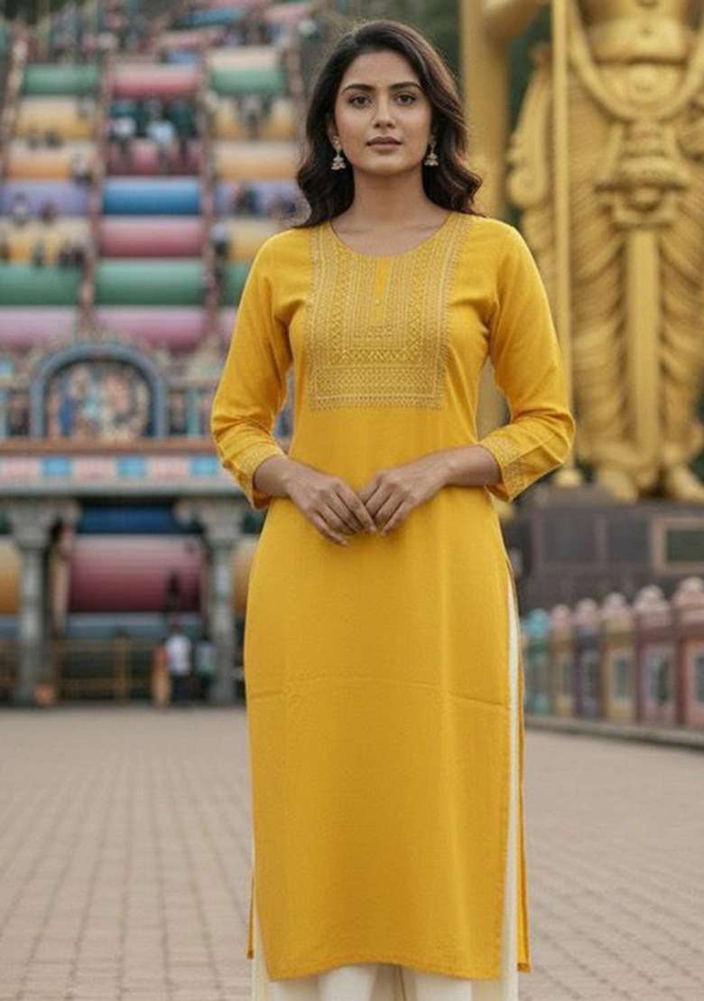 Yellow Embroidery Rayon Kurta Set - Indya