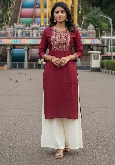 Red Embroidery Rayon Kurta Set