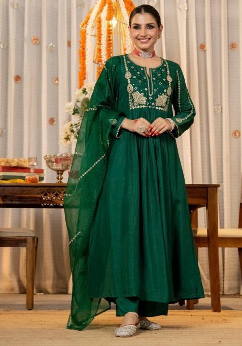 Green Embroidery Silk Kurta Set