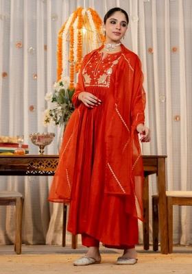 Orange Embroidery Silk Kurta Set