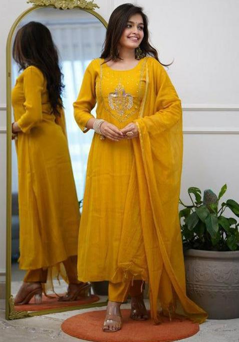 Yellow Embroidery Viscose Kurta Set