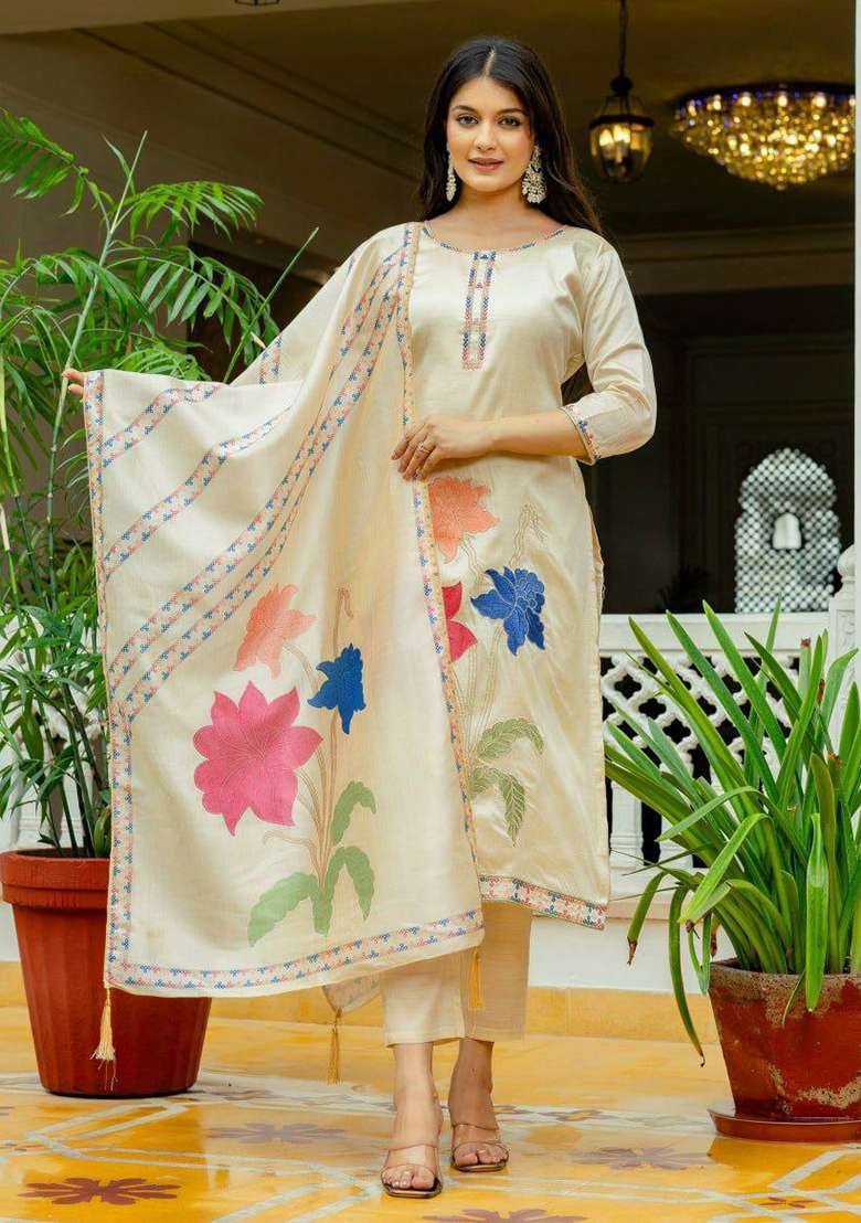 White Embroidery Silk Blend Kurta Set - Indya