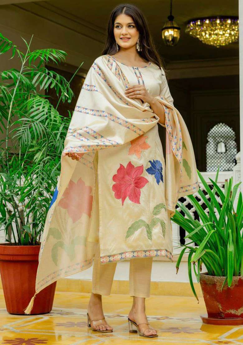 White Embroidery Silk Blend Kurta Set - Indya