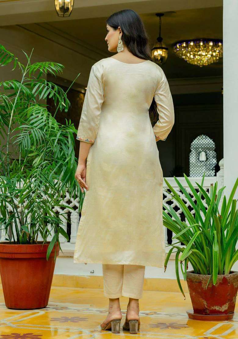 White Embroidery Silk Blend Kurta Set - Indya