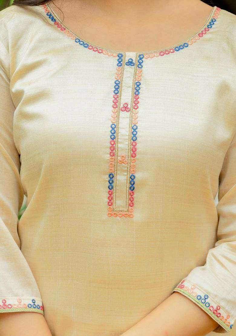 White Embroidery Silk Blend Kurta Set - Indya