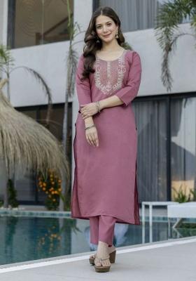 Pink Embroidery Viscose Kurta Set