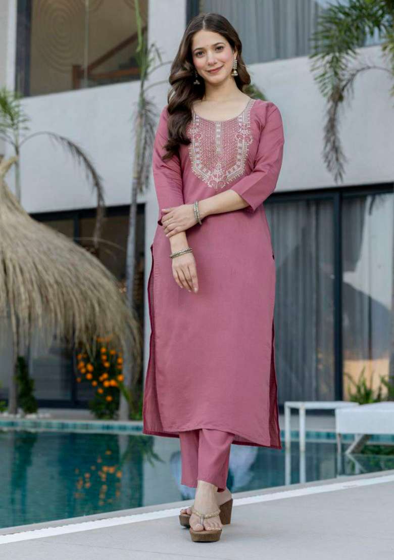 Pink Embroidery Viscose Kurta Set - Indya