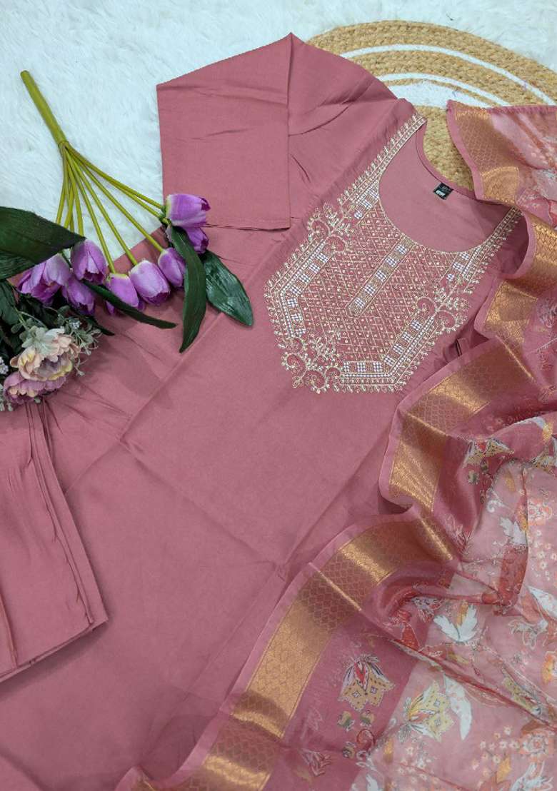 Pink Embroidery Viscose Kurta Set - Indya