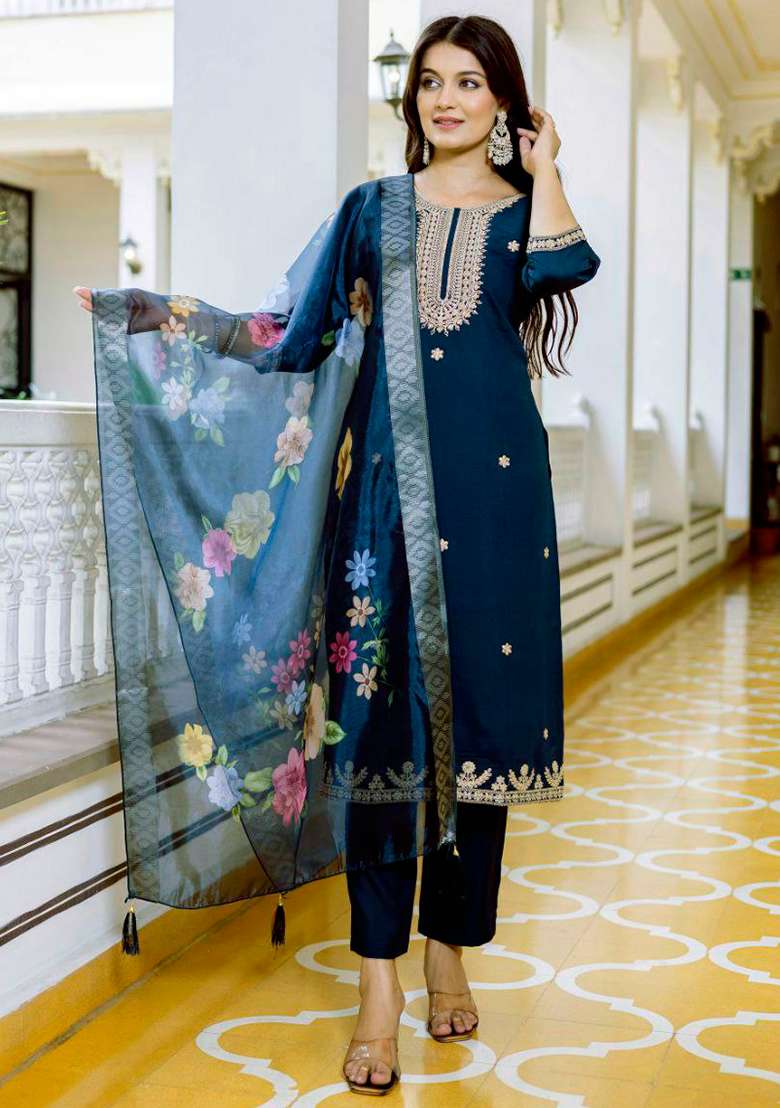 Dark Blue Embroidery Viscose Kurta Set - Indya