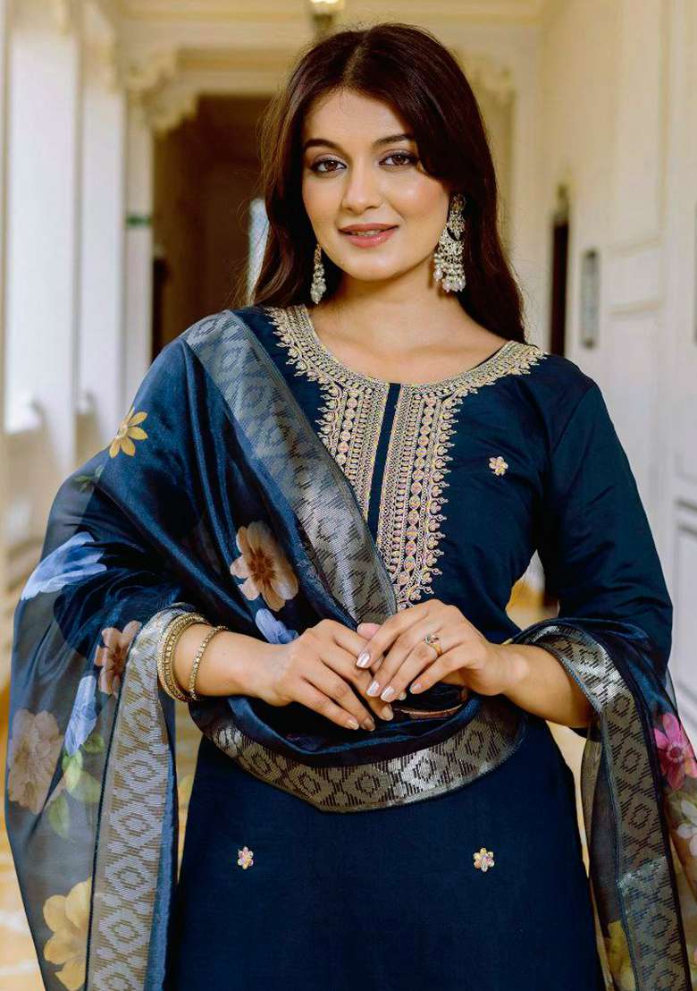 Dark Blue Embroidery Viscose Kurta Set - Indya
