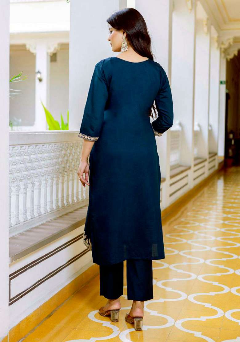 Dark Blue Embroidery Viscose Kurta Set - Indya