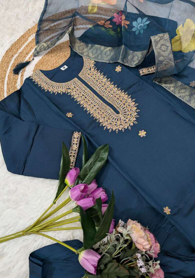 Dark Blue Embroidery Viscose Kurta Set - Indya