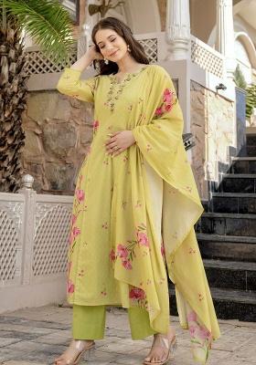 Yellow Embroidery Viscose Kurta Set