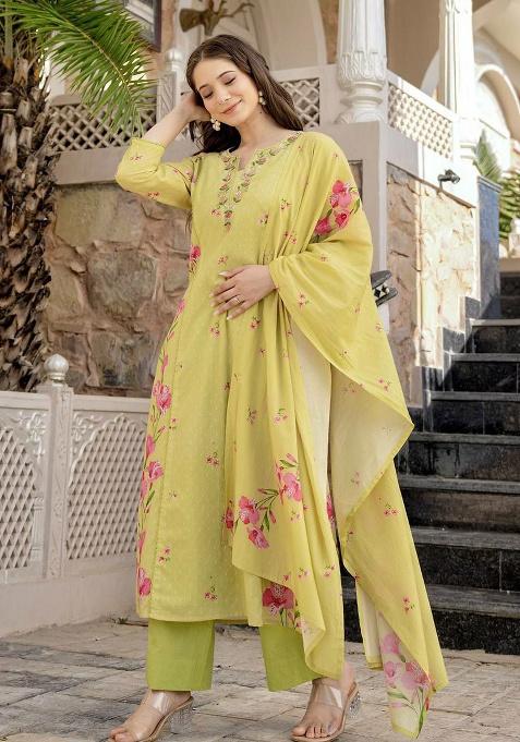 Yellow Embroidery Viscose Kurta Set
