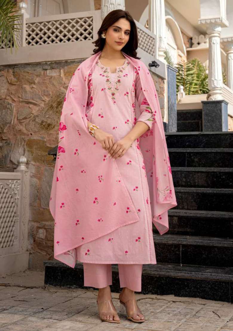 Pink Embroidery Viscose Kurta Set - Indya