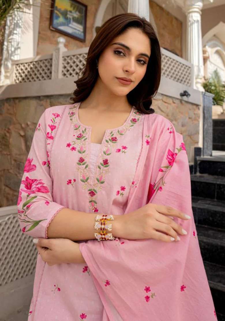 Pink Embroidery Viscose Kurta Set - Indya