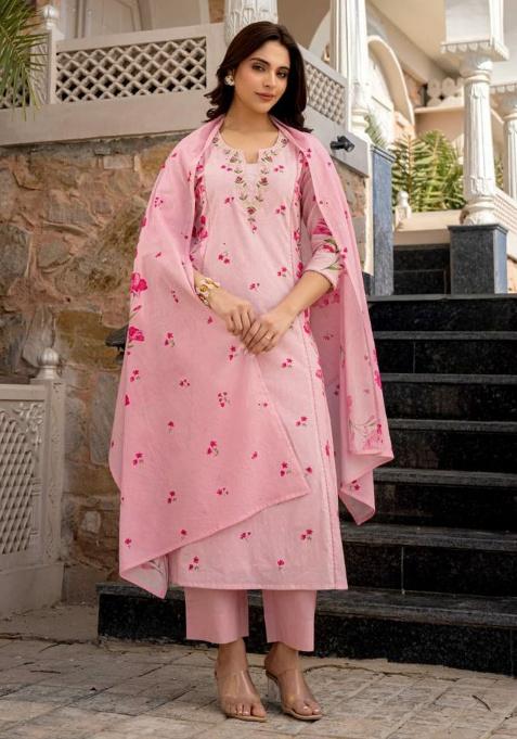 Pink Embroidery Viscose Kurta Set