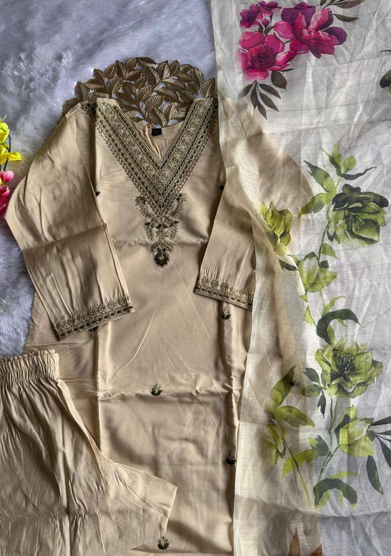 Beige Embroidery Silk Blend Kurta Set - Indya