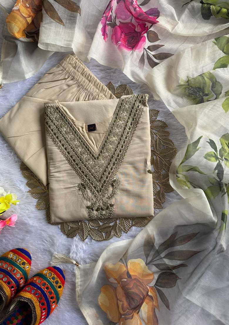 Beige Embroidery Silk Blend Kurta Set - Indya