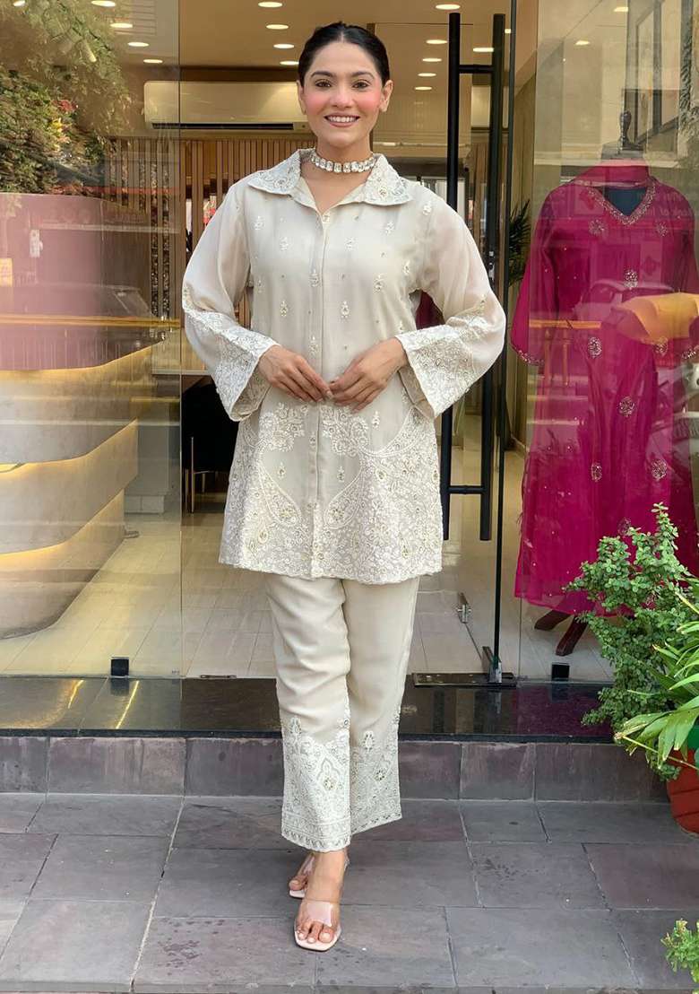 White Embroidery Silk Blend Kurta Set - Indya