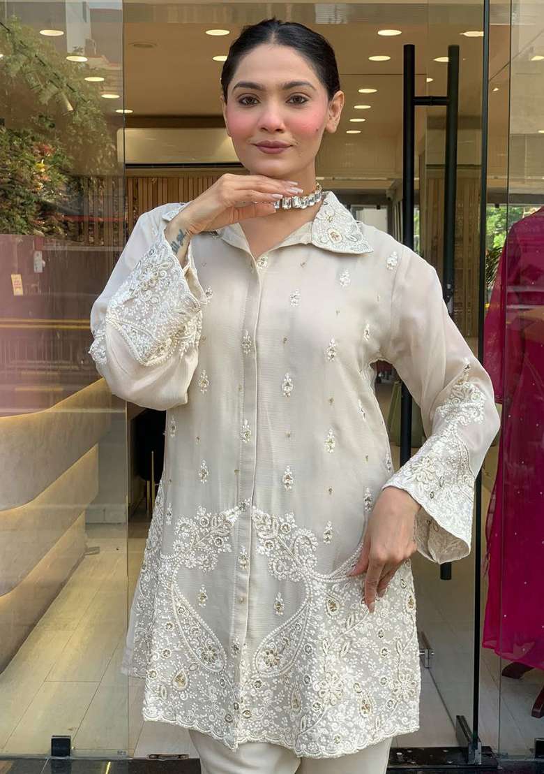 White Embroidery Silk Blend Kurta Set - Indya