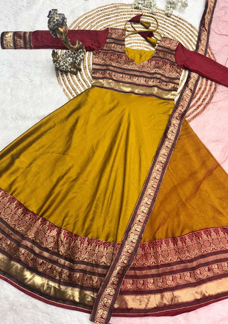 Golden Embroidery Silk Blend Kurta Set - Indya