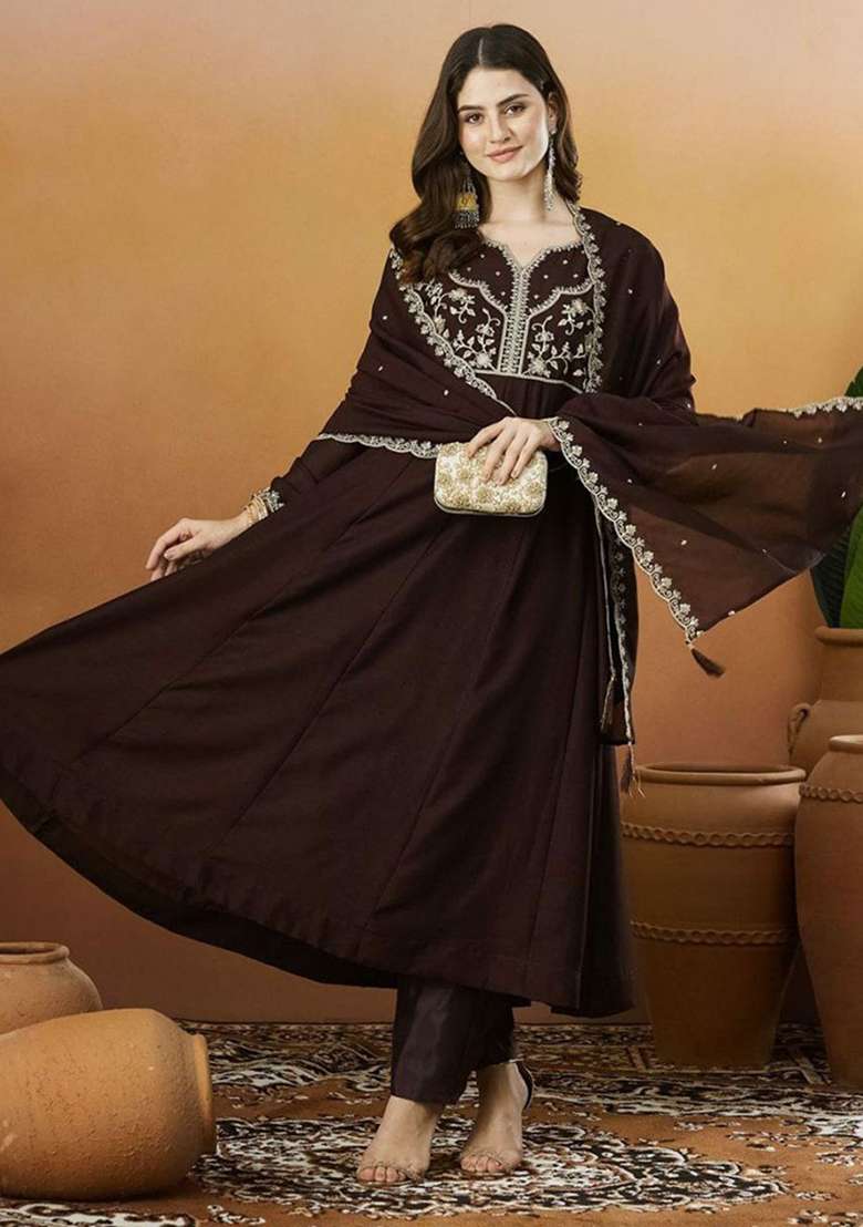 Brown Embroidery Silk Blend Kurta Set - Indya