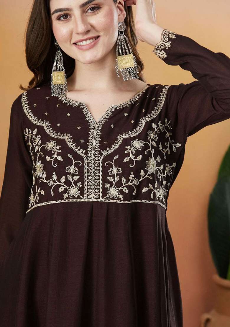 Brown Embroidery Silk Blend Kurta Set - Indya