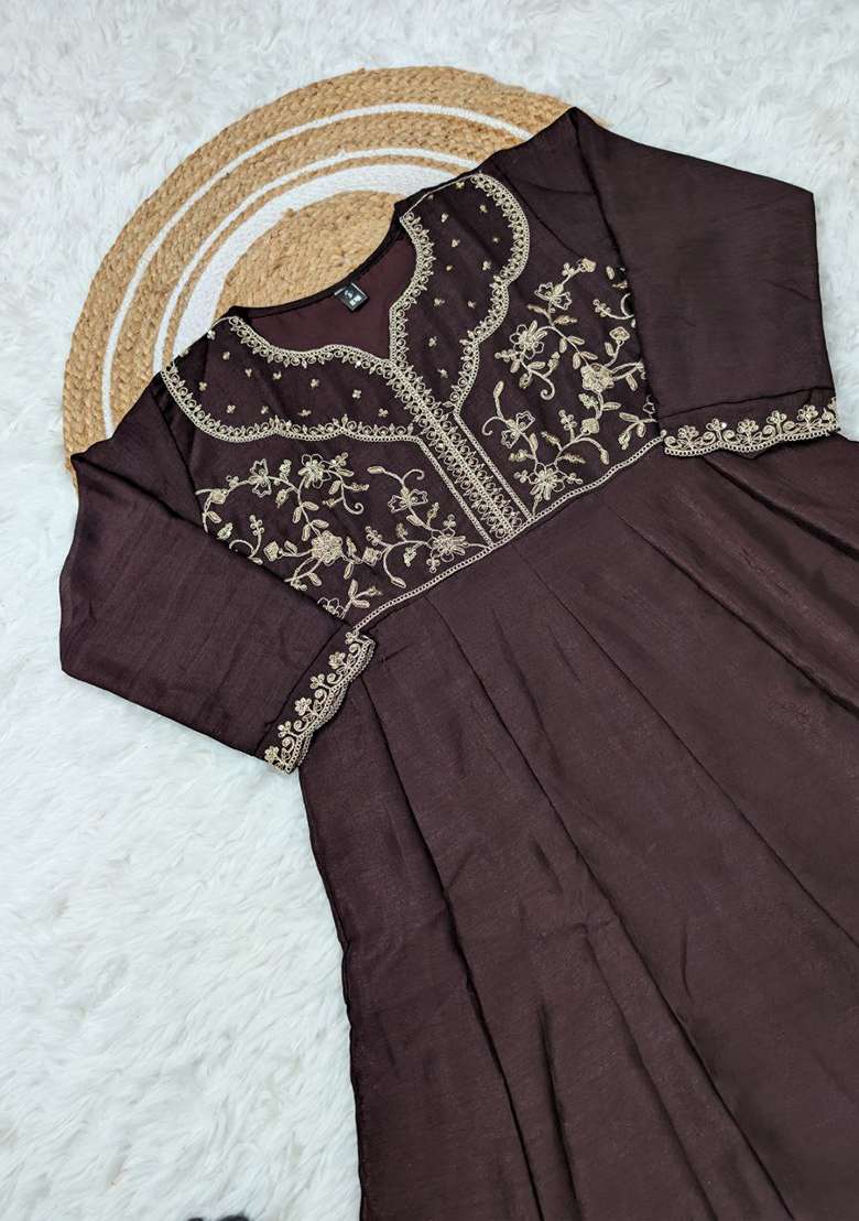 Brown Embroidery Silk Blend Kurta Set - Indya