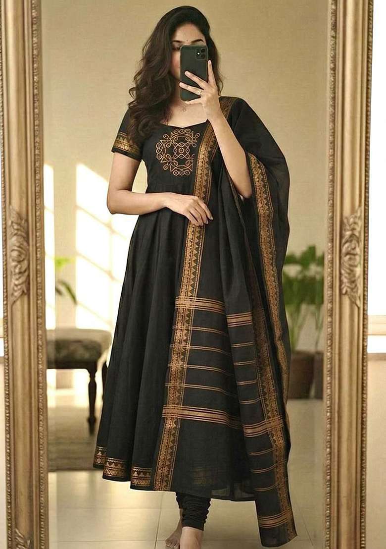Black Embroidery Cotton Kurta Set - Indya