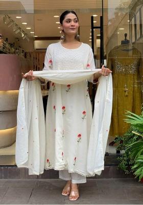 White Embroidery Silk Kurta Set