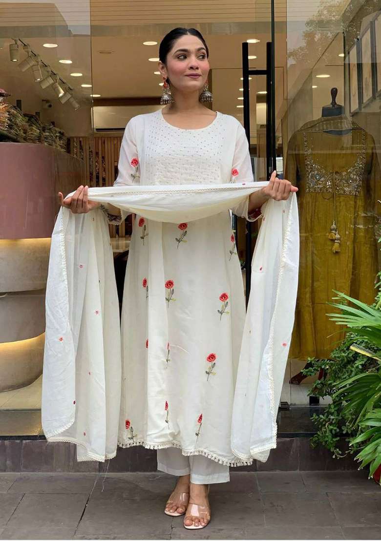 White Embroidery Silk Blend Kurta Set - Indya