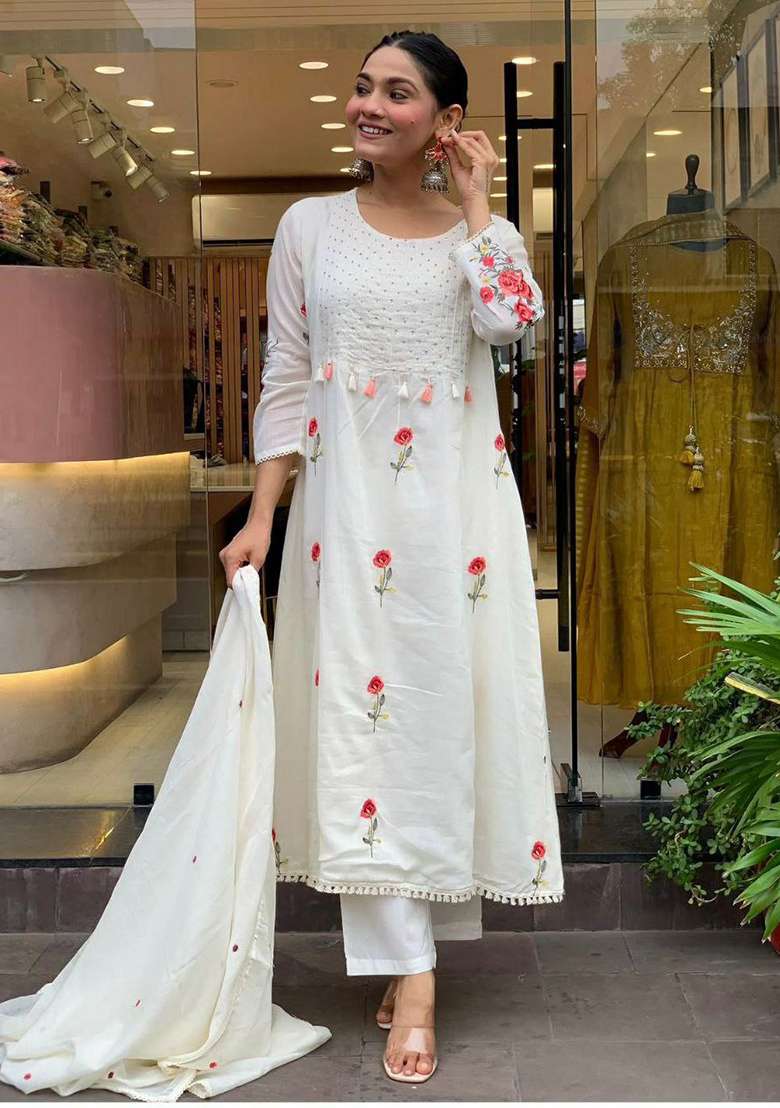 White Embroidery Silk Blend Kurta Set - Indya
