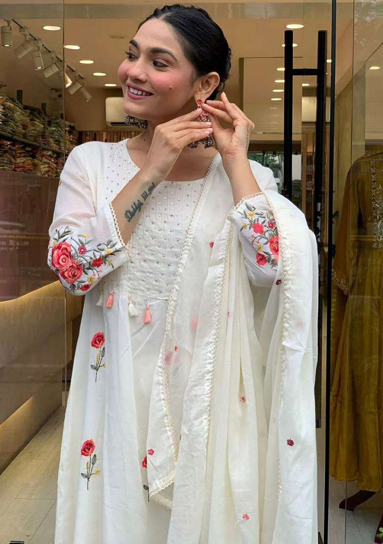 White Embroidery Silk Blend Kurta Set - Indya