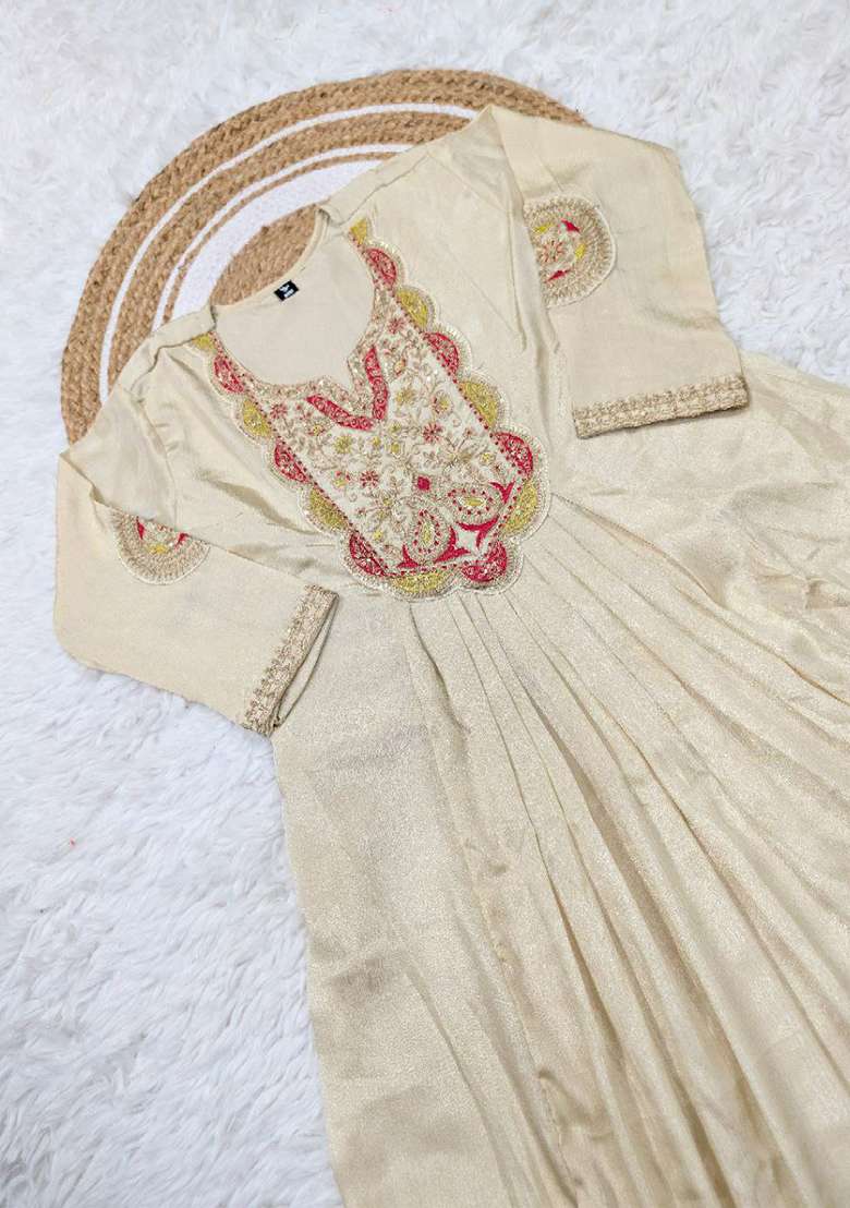 White Embroidery Silk Blend Kurta Set - Indya