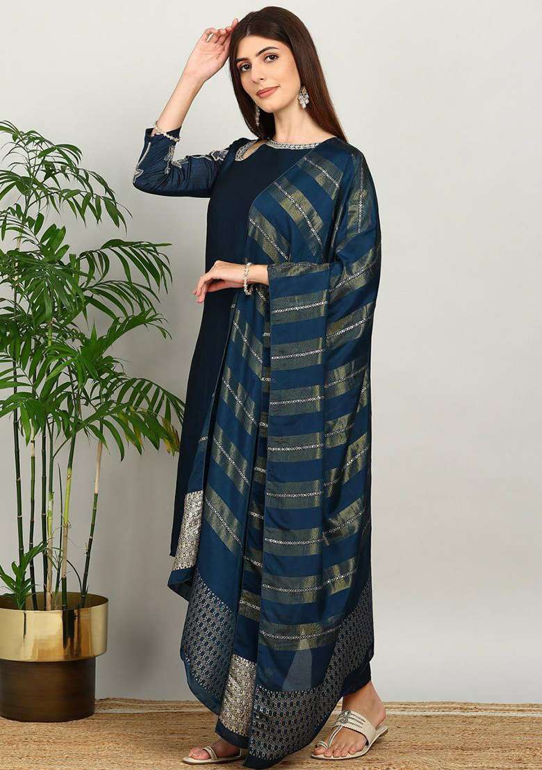 Blue Embroidery Vichitra Kurta Set - Indya