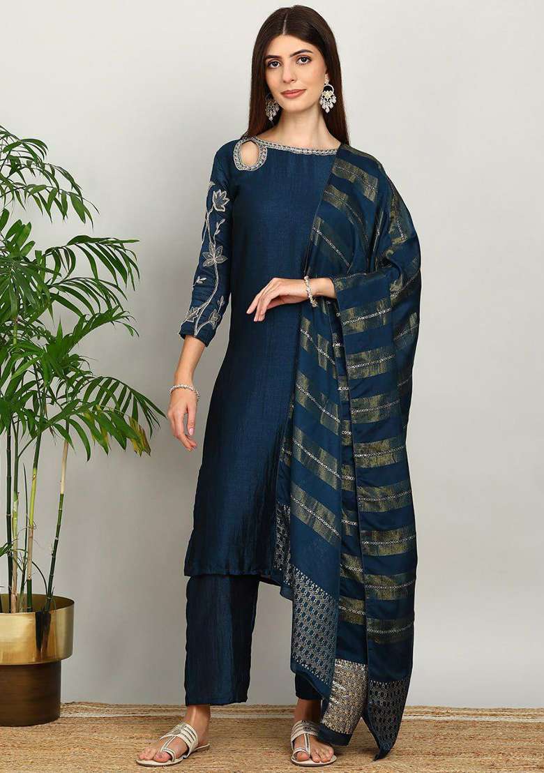 Blue Embroidery Vichitra Kurta Set - Indya