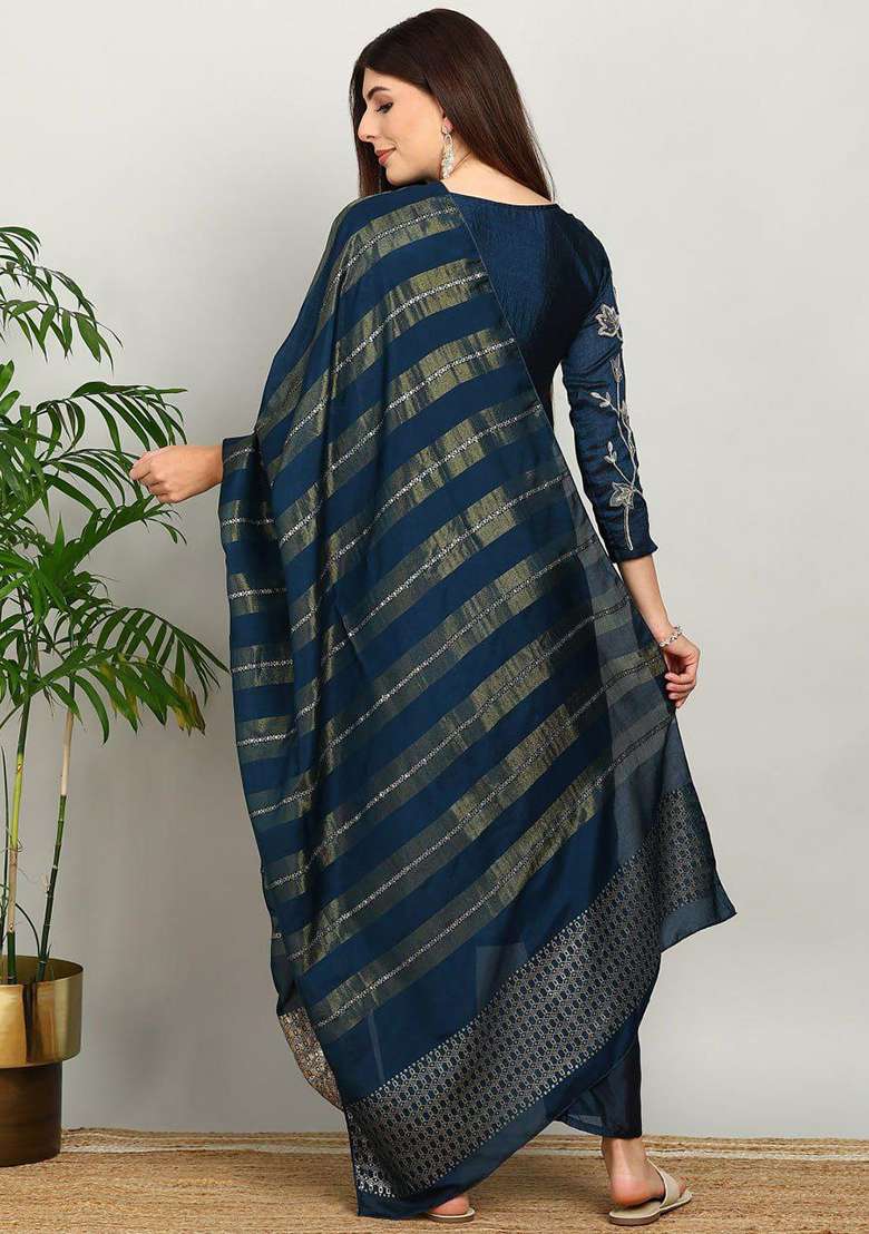 Blue Embroidery Vichitra Kurta Set - Indya
