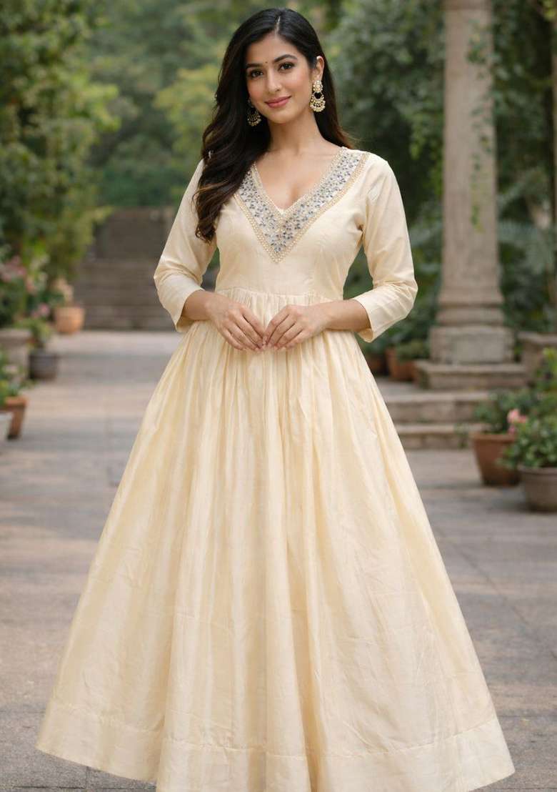 Beige Embroidery Silk Blend Kurta Set - Indya