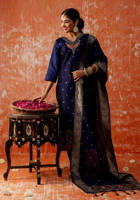 Blue Jacquard Cotton Straight Kurta Set